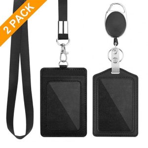 Office Supplies |   2 Pack Badge Holders Set PU Leather Vertical ID Badge Card Holder With Lanyard Retractable Badge Reel ID Card Holder For Nurse Teacher Office as picture show Office supplies As picture show