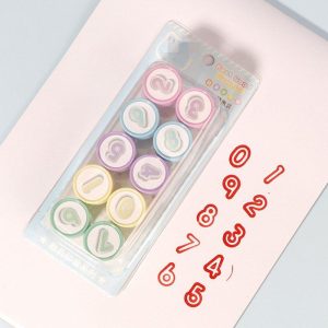 School Supplies |   10pcs 0-9 Number Stamps Fast Drying Round Shape Cute Self-ink Stamps Diy Painting Photo Album Decor Macaron color Office supplies 2# Macaron color