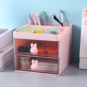 School Supplies |   Desk Organizer With 2 Drawer Desktop Storage Box Business Card Pen Stationery Holder Makeup Organizer For Office School Home pink Office supplies Pink